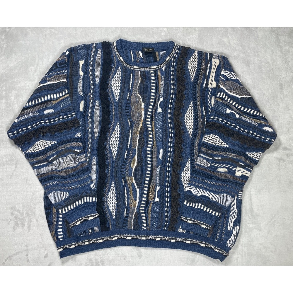 Vintage Cellini Collection Sweater Men XXL Blue Coogi Style Textured Knit Crew